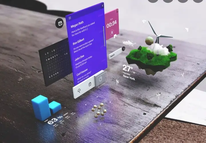 AR experience on a table displaying weather and messages