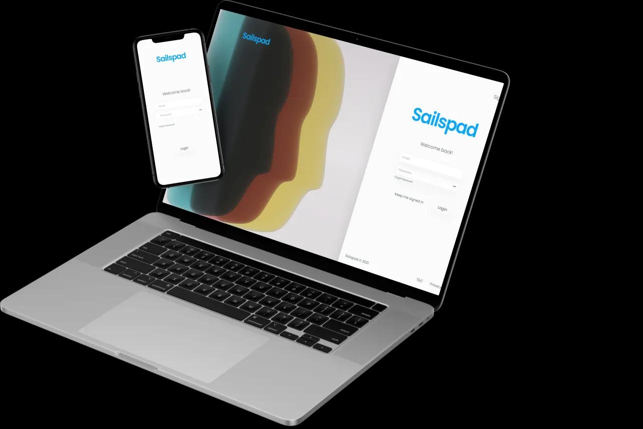 laptop with a smartphone displaying sailspad with Beyin’s UI/UX design